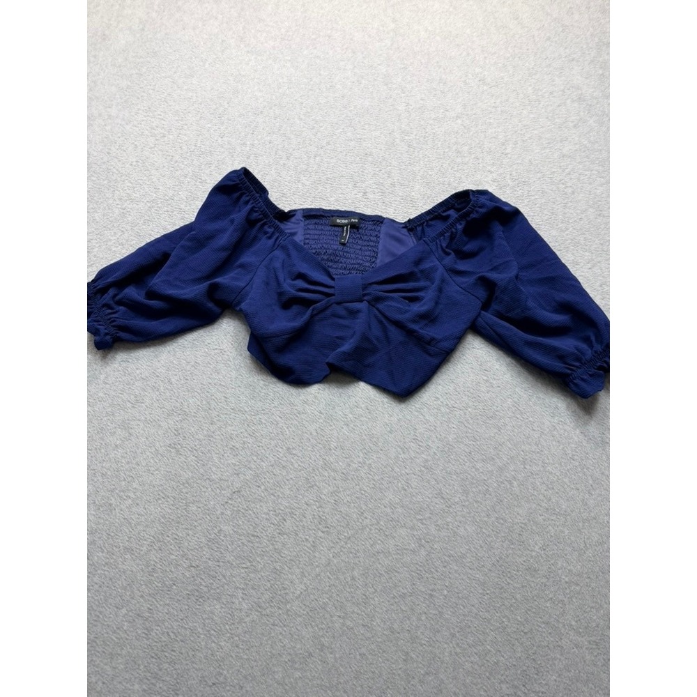 BCBG Paris Navy Blue Off The Shoulder Bow Front Puff Sleeve Crop Top Blouse XS
